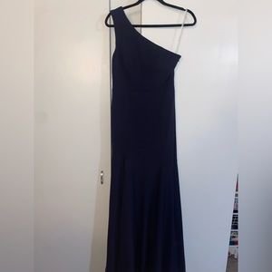 Watters navy blue one shoulder floor length formal bridesmaid prom gown
